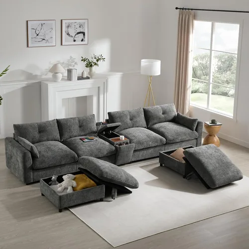 Vista 15 de Sofá seccional de gran tamaño de 142 pulgadas con 2 otomanas y consolas de almacenamiento móviles, sofá modular de felpilla en forma de U de 6