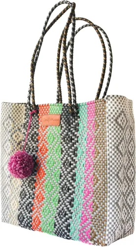 Vista 3 de Maya Bolso de mano tejido, bolso de playa multicolor, bolso de plástico reciclado ecológico, resistente al agua, hecho a mano por artesanos - Bolso