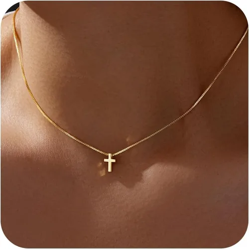Vista 22 de Collar de cruz para mujeres y niñas, delicado chapado en oro de 14 quilates, gargantilla con dije de cruz que no se deslustra, impermeable, moderno