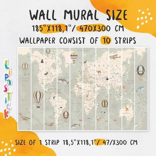Vista 6 de Papel tapiz infantil con diseño de mapa del mundo con animales - Mural