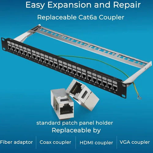 Vista 3 de Rapink Panel de conexión de 24 puertos Cat6A con soporte Keystone 10G en línea, panel de conexión acoplador blindado STP de 19 pulgadas con barra