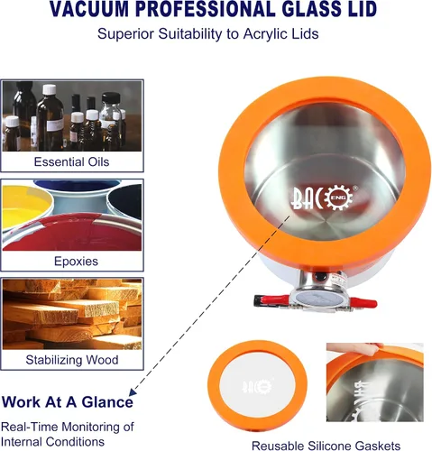 Vista 3 de BACOENG Cámara de vacío con tapa de vidrio templado de 1.5 galones con bomba perfecta para estabilizar madera, desgasificar siliconas, epoxi