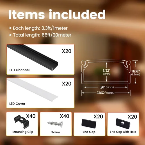 Vista 2 de Muzata Paquete de 20 canales LED de aluminio negro con cubierta blanca lechosa U102 BW 1M 18x8.5mm Wide LED Channel, Fits Up to 16mm Strips, U102