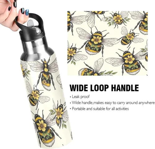 Vista 4 de Insulated Stainless Steel Water Bottle with Straw 20 Oz, Leakproof Water Bottles for Gym Outdoor Travel School, Yellow Flowers Leaves Wings