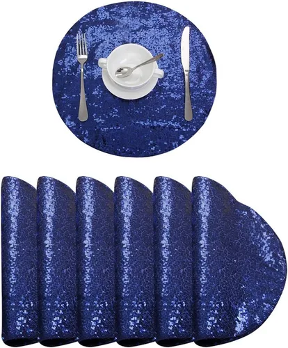 Vista 14 de Juego de 4 manteles individuales de lentejuelas color azul marino, manteles redondos de 15 pulgadas resistentes al calor para comedor, fiestas