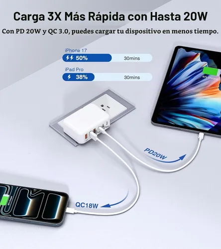 Vista 3 de Bloque de cargador rápido USB de 100W, concentrador de estación de carga