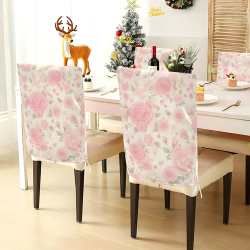 Vista 4 de Juego de 6 fundas decorativas románticas para sillas de comedor con diseño de rosas rosadas para sala de estar, fiestas de cumpleaños, fundas
