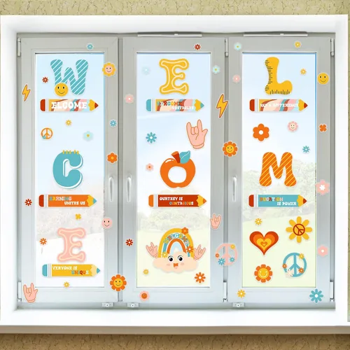 Vista 7 de Cholemy 9 hojas retro de bienvenida para ventana, tablón de anuncios, calcomanías de bienvenida para puerta de bienvenida, diseño de arco iris