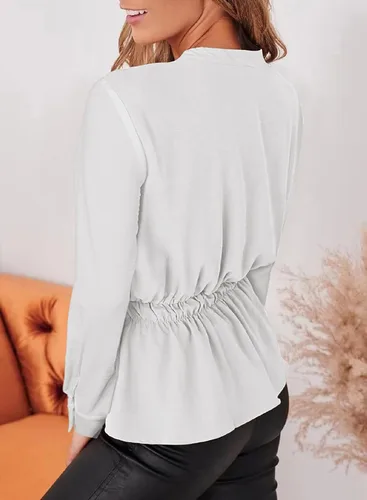 Vista 2 de Dokotoo Camisas de manga larga con botones para mujer, cuello en V, péplum, con lazo en la cintura, blusas casuales de trabajo