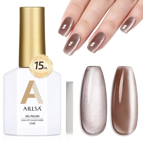 Vista 16 de AILLSA - Esmalte de uñas de gel ojo de gato color marrón con purpurina dorada con imán, esmalte de uñas de gel ámbar destello nude con cristales