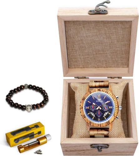 Vista 6 de Relojes de madera grabados personalizados, de lujo, analógicos, de cuarzo, con fecha, cronógrafo, multifuncional, de madera, para hombres