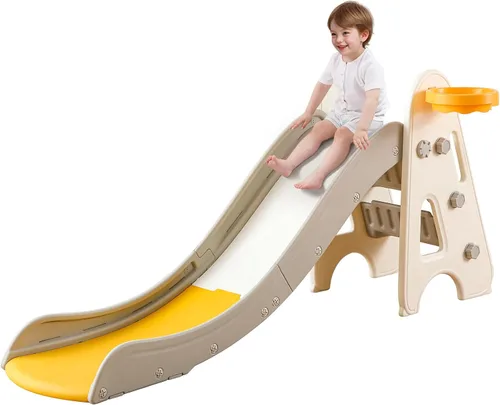 Vista 8 de Tobogán de interior para niños pequeños, 3 en 1, juego de escalador para niños, plegable para niños pequeños con aros de baloncesto y pelota