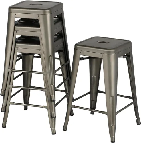 Vista 10 de Yaheetech Taburetes de bar de 24 pulgadas de altura de mostrador, juego de 4 taburetes de metal industriales, sillas modernas apilables sin espalda