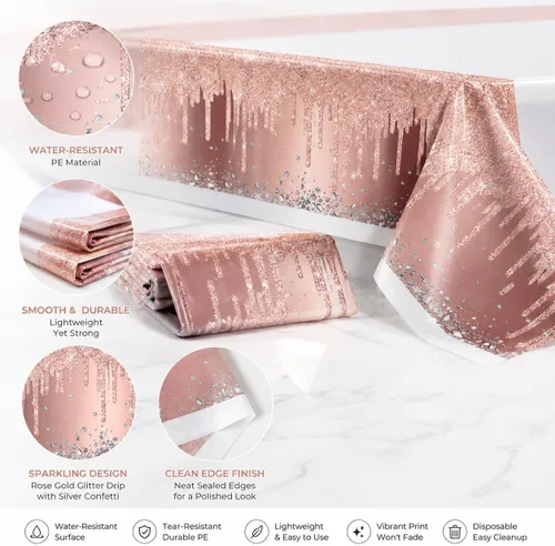 Vista 3 de 3 manteles desechables de polietileno de 71 x 42 pulgadas con diamantes, color oro rosa, para cumpleaños, bodas, baby shower, aniversario, fiesta