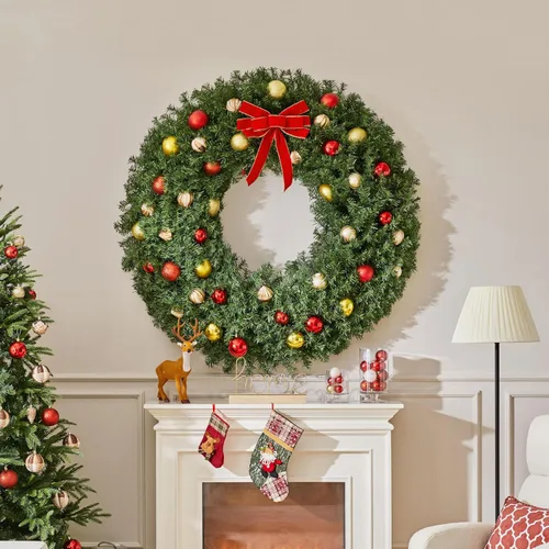 Vista 5 de Yaheetech 2 coronas artificiales grandes de Navidad de 60 pulgadas, decoración navideña preiluminada con lazo rojo, 300 luces LED y 1026 puntas