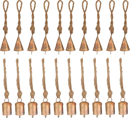 Vista 17 de Juego de 10 cascabeles y campanas de vaca doradas rústicas para manualidades, juego de cencerros pequeños vintage de 3.15 pulgadas con cuerda de Oro