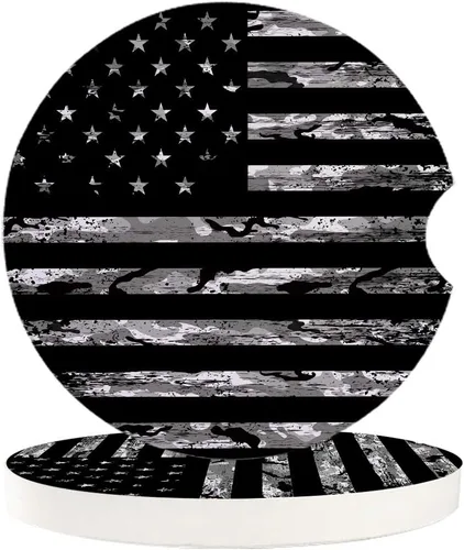 Vista 12 de Portavasos para automóvil para mujeres/hombres, paquete de 2 posavasos absorbentes de cerámica para bebidas, diseño de camuflaje con bandera