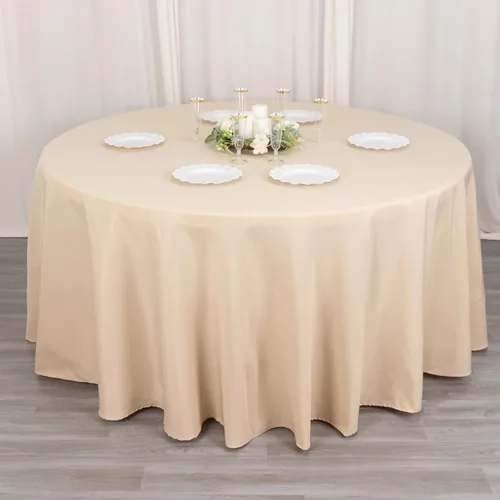 Vista 2 de Balsa Circle Manteles redondos color beige de 120 pulgadas de tela de alta calidad, manteles de tela para bodas, fiestas, recepción, banquetes