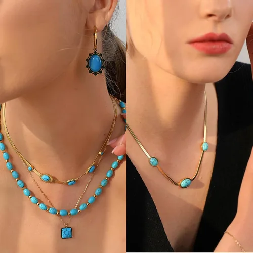 Vista 4 de Fannifen - Collares para mujer, cadena de espiga turquesa chapada en oro de 18 quilates, colgante ajustable para mujer, collar para niñas