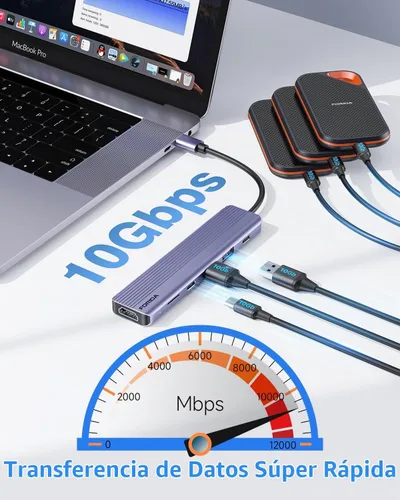 Vista 4 de FORIDA Hub USB C 6 en 1 de 10 Gbps, adaptador HDMI multipuerto para MacBook 4K a 60Hz a USB C 3.2, puertos USB-3.2 de 3 puertos, 100 W PD, lector