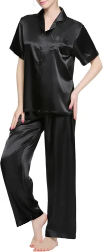 Vista 2 de Lavenderi Conjunto de pijama de satén clásico de manga corta para mujer