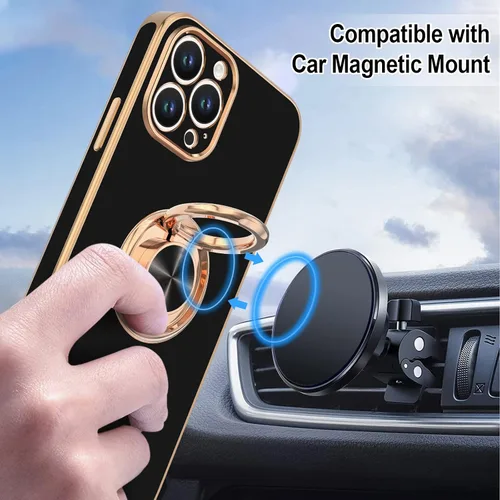 Vista 5 de Hython - Funda para iPhone 14 Pro con soporte de anillo [soporte magnético de anillo giratorio de 360°] [soporte para montaje en coche] Borde dorado