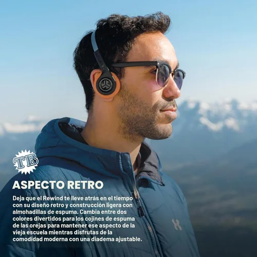 Vista 2 de JLab, Rewind 2, auriculares inalámbricos retro en la oreja, Bluetooth multipunto, EQ3, Google Fast Pair, Be Aware, Wireless Sharing, negro