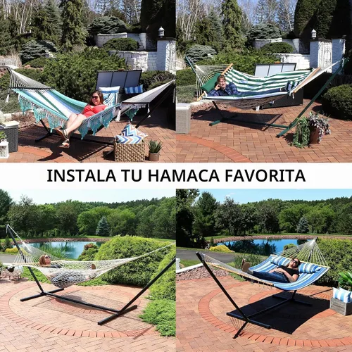 Vista 3 de Sunnydaze Soporte de hamaca resistente para exterior, negro, fácil montaje Capacidad de 350 libras, 15 pies, resistente a la intemperie, marco