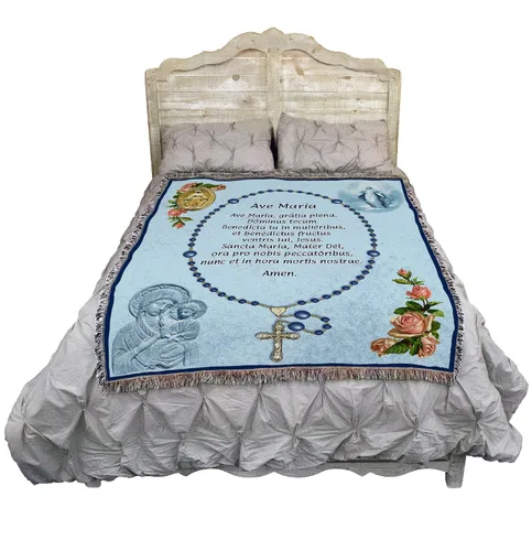 Vista 2 de Pure Country Weavers Manta de oración con rosario de Ave María latina, regalo religioso católico, manta tejida de algodón, fabricada en los Estados