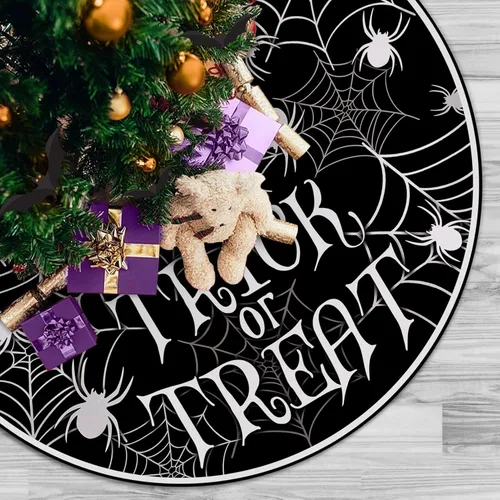 Vista 4 de Falda de árbol de Navidad de telaraña de Halloween, 36 pulgadas, con cordones, para truco o trato, falda de árbol negro, divertida fiesta