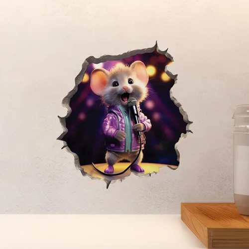 Vista 4 de Calcomanía de pared 3D con agujero de ratón cantando en el agujero del ratón