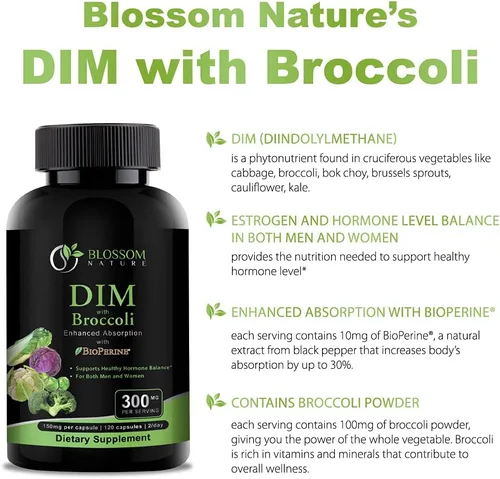 Vista 5 de Suplemento DIM de 300 mg con brócoli 200 mg BioPerine 10 mg de equilibrio hormonal y estrógeno para mujeres y hombres, alivio de la menopausia