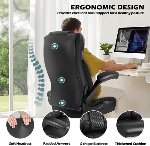 Vista 6 de LEMBERI Silla de oficina ejecutiva de respaldo alto para adultos, sillas de escritorio de cuero grandes y altas con brazos abatibles acolchados