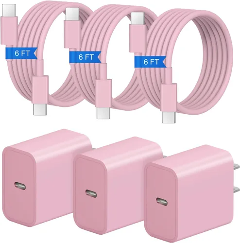 Vista 11 de Cargador de carga rápida para iPhone 17, 16, 15, paquete de 3+3 cargadores de pared USB C de 20 W con cable de carga rápida de 6 pies compatible