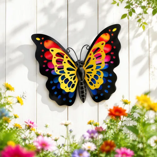 Vista 6 de HONGLAND Decoración de pared de mariposa de metal, escultura de arte para interiores y exteriores, decoración de cristal colgante azul