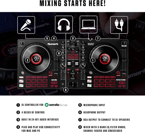 Vista 2 de Numark Mixtrack Platinum FX DJ Controller y M-AUDIO BX3 Par de monitores Bluetooth Studio para grabación de estudio, producción de música