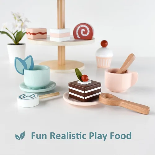 Vista 7 de Juego de Fiesta de Té con Soporte para Postres - Juguetes de Madera de Comida de Juego de Simulación y Accesorios de Cocina para Juego de Té
