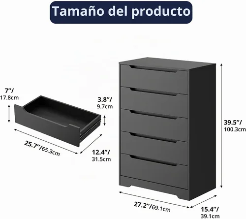 Vista 3 de Cozy Castle - Cómoda de 5 cajones, cómoda moderna de madera con gran organizador, gabinete de almacenamiento con acento de madera para sala de Negro