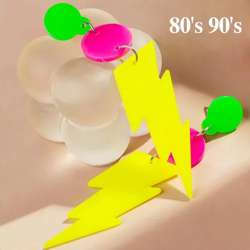 Vista 3 de Atuendos de los años 90 aretes de neón para mujer, aretes colgantes retro con diseño colorido de rayo, accesorios de fiesta para fiestas temáticas