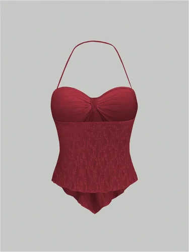 Vista 2 de SHENHE Top halter de encaje para mujer, nudo frontal, espalda descubierta, asimétrica, Y2k, coqueta, sin espalda, para salir