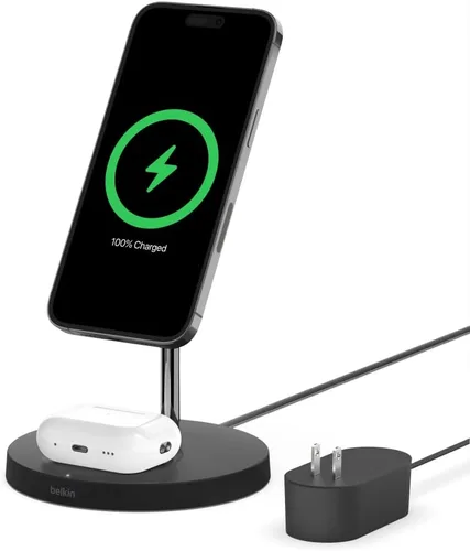 Vista 2 de Belkin MagSafe - Soporte de carga inalámbrico 2 en 1 para Apple iPhone 17, iPhone 16, iPhone 15, iPhone 14 Series y AirPods, estación de carga Negro