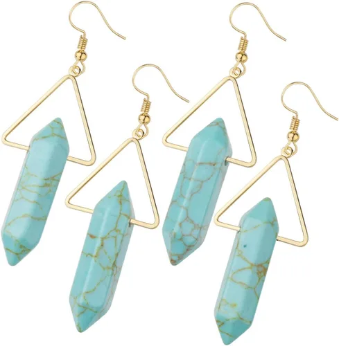 Vista 3 de TUMBEELLUWA Aretes colgantes de piedra de cristal curativo para mujer, aretes hexagonales de cuarzo con puntos triangulares