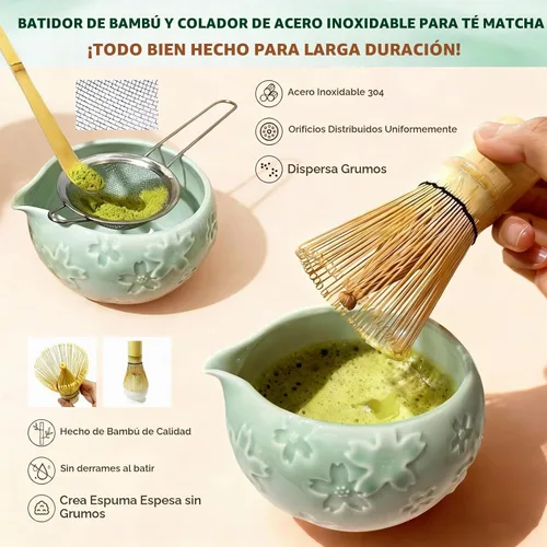 Vista 3 de Paquete de 8 juegos de té Matcha de cerámica, juego de batidor de tazón