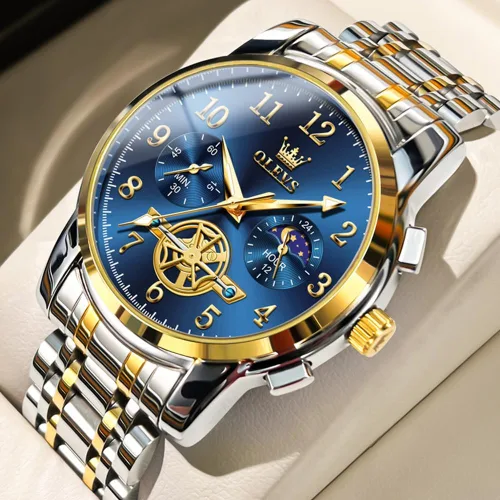 Vista 6 de OUPINKE Reloj para hombre analógico de cuarzo de acero inoxidable, impermeable, luminoso, fase lunar, cronógrafo, vestido de negocios de lujo