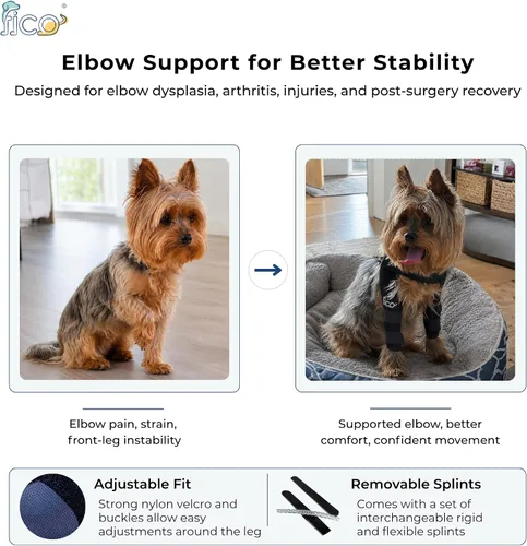 Vista 2 de Codera para perro (pierna derecha) – Soporte ajustable para pierna delantera para displasia de codo, artritis y alivio del dolor – Incluye férulas
