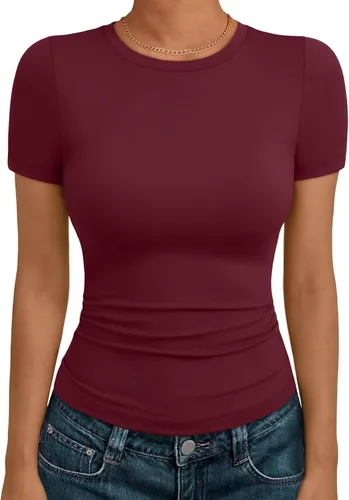 Vista 25 de AUTOMET - Camisetas básicas de manga corta para mujer, para verano, entrenamiento o gimnasio, con cuello redondo, ropa moderna estilo Y2K