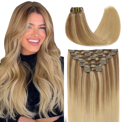 Vista 45 de VINBAO Extensiones de cabello humano con clip, balayage, color marrón ceniza a rubio caramelo, 14 pulgadas, 6 unidades, 3.53 onzas, 6