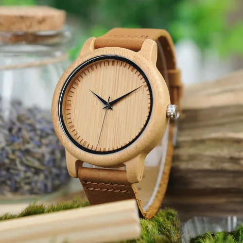 Vista 9 de BOBO BIRD Reloj de madera de bambú para hombre y mujer con correa de cuero de vaca marrón, relojes casuales de cuarzo analógico