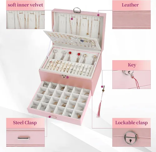 Vista 3 de BOOVO Joyero de pendientes para mujeres y niñas, organizador de joyas de 5 capas con candado, organizador de aretes, collar y anillos, caja