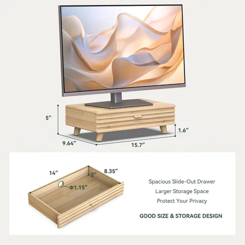 Vista 4 de Soporte de bambú para monitor con cajón, organizador de escritorio con organización y almacenamiento de cables, elevador ergonómico para laptop